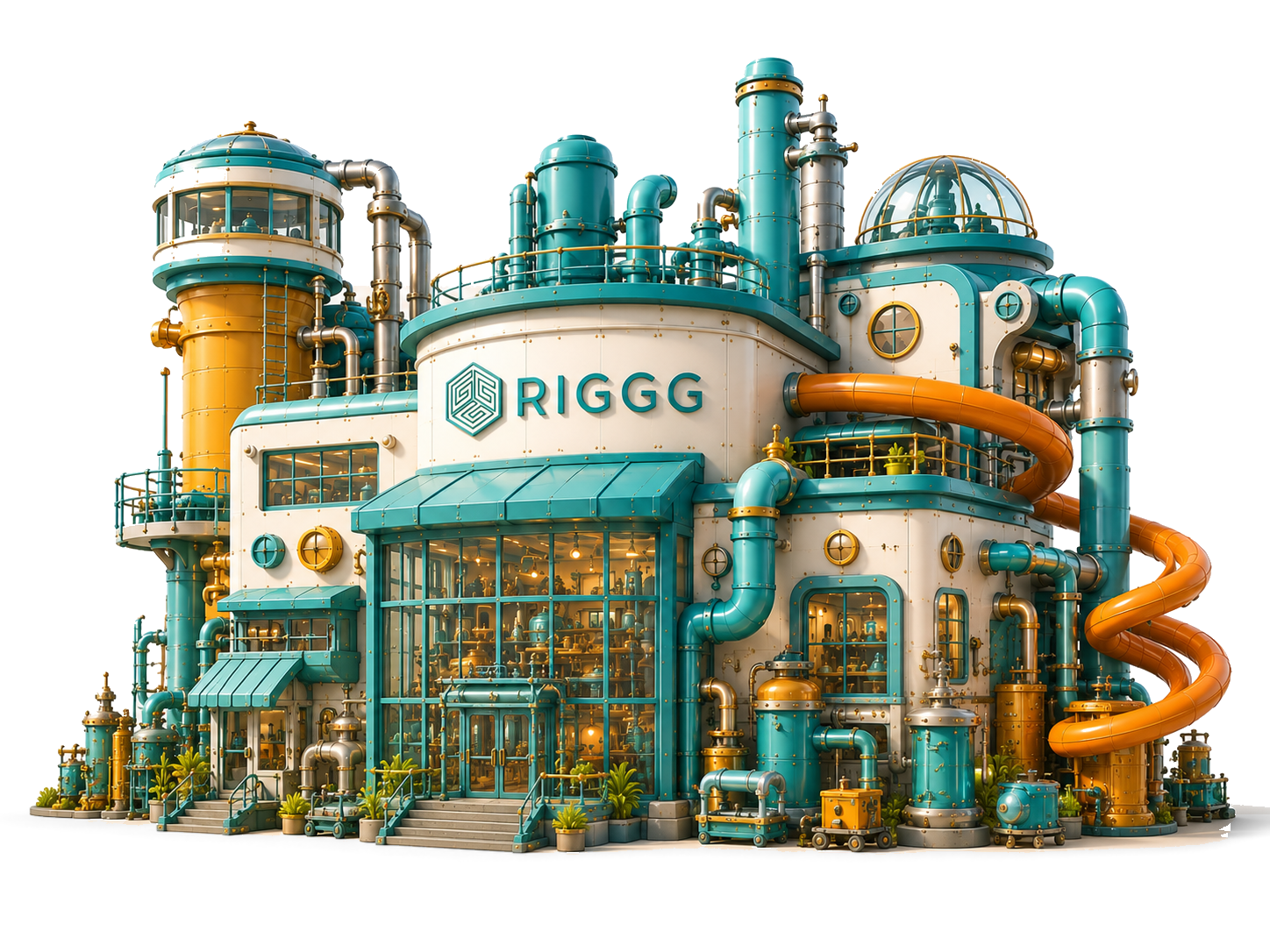 The Riggg factory: a teal and bronze workshop with a conveyor carrying the five stages of owned media